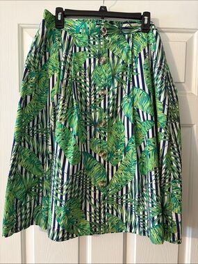 Rafaella Tropical Leaf Button-Front A-Line Skirt - Green